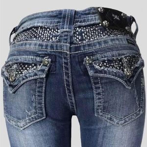 Miss Me bedazzled y2k bootcut ripped jeans with rhinestone patches & pockets